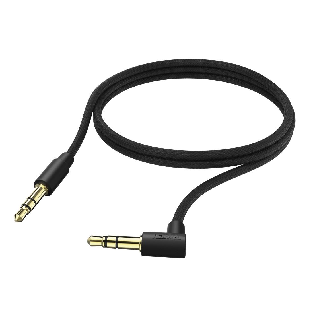 Аудио кабел HAMA, 3.5мм жак мъжко - 3.5мм жак мъжко, на 90&deg;, 1м, Черен