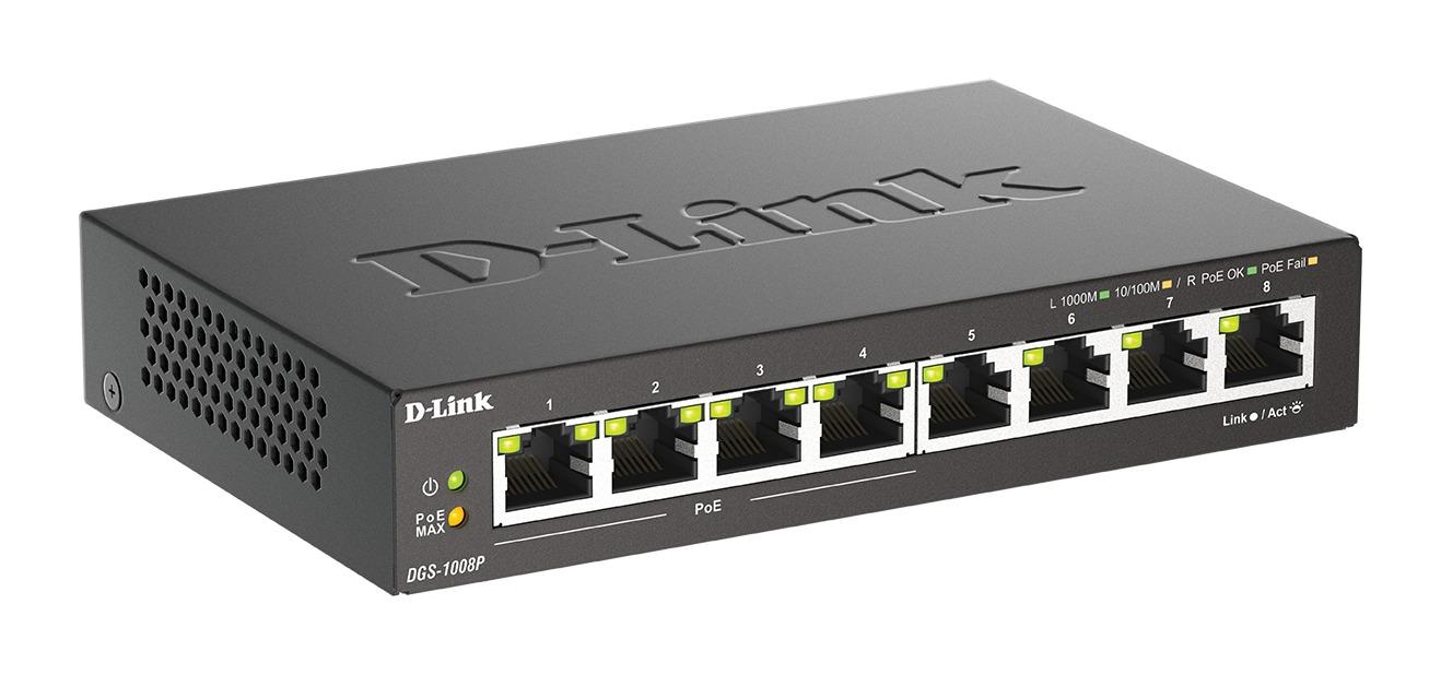 Суич D-Link DGS-1008P, 4x PoE + 4 x стандартни, 10/100/1000, Gigabit, -3