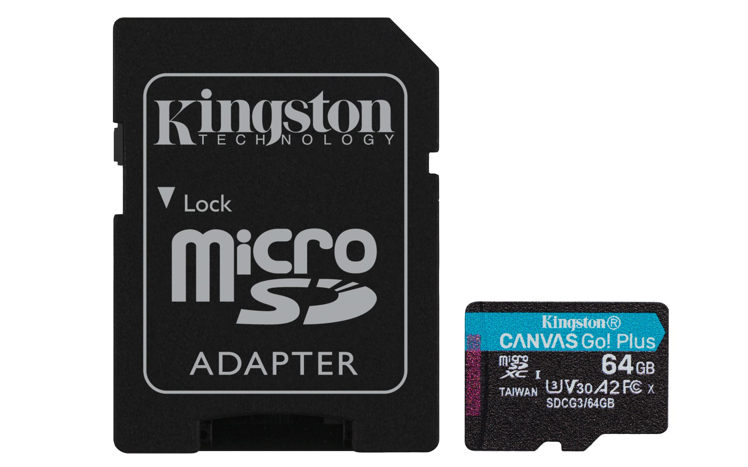Карта памет Kingston Canvas Go! Plus microSDXC 64GB, UHS-I, Class 10, U3, V30, A2, Адаптер