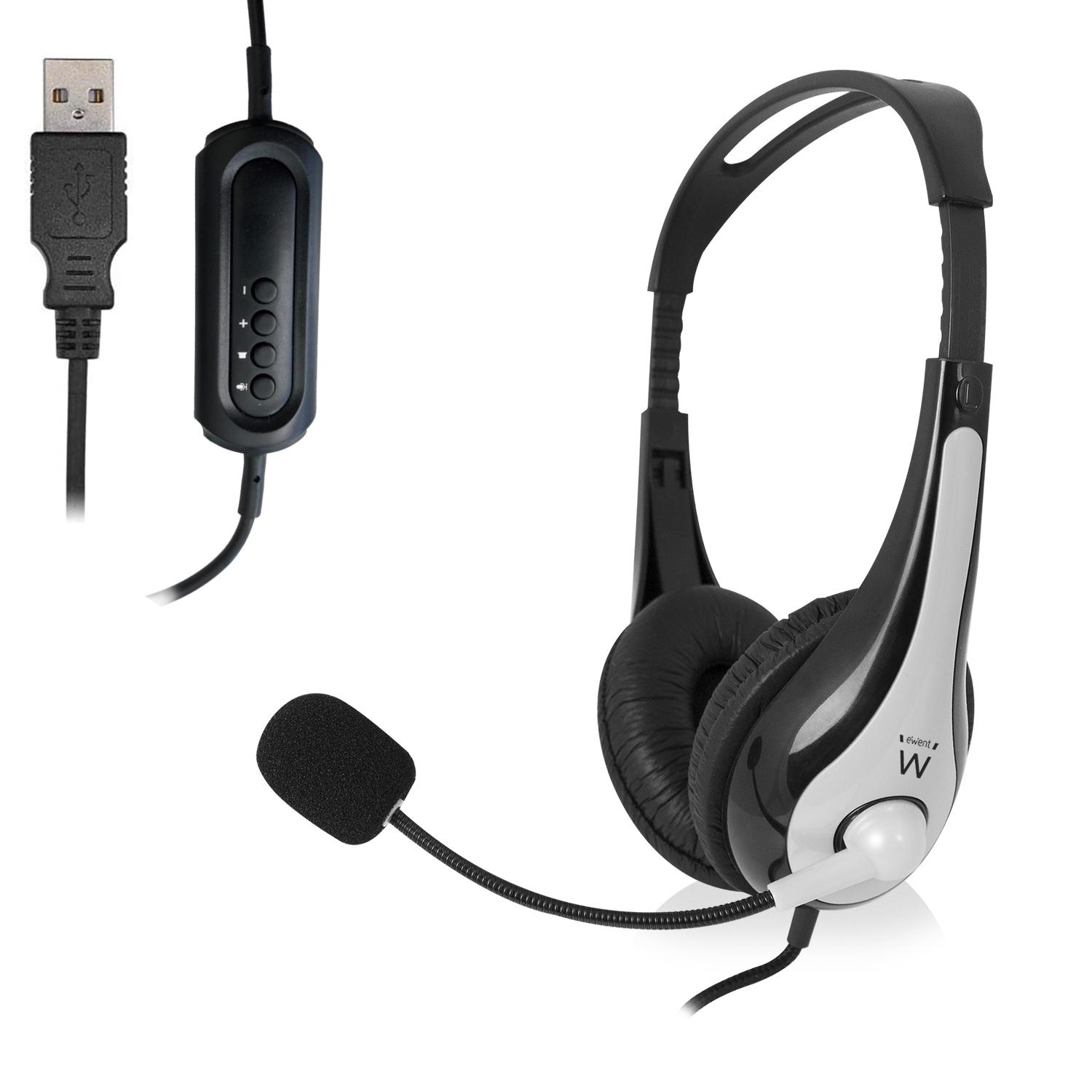 Слушалки Ewent EW3565, Микрофон, USB, 2.1м кабел, Сив/Черен-1