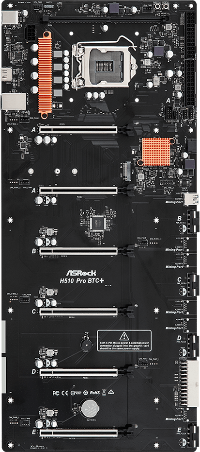 Дънна платка ASRock H510 Pro BTC+, LGA1200, 6 PCIe 3.0 x16, 1 Mining Port-1