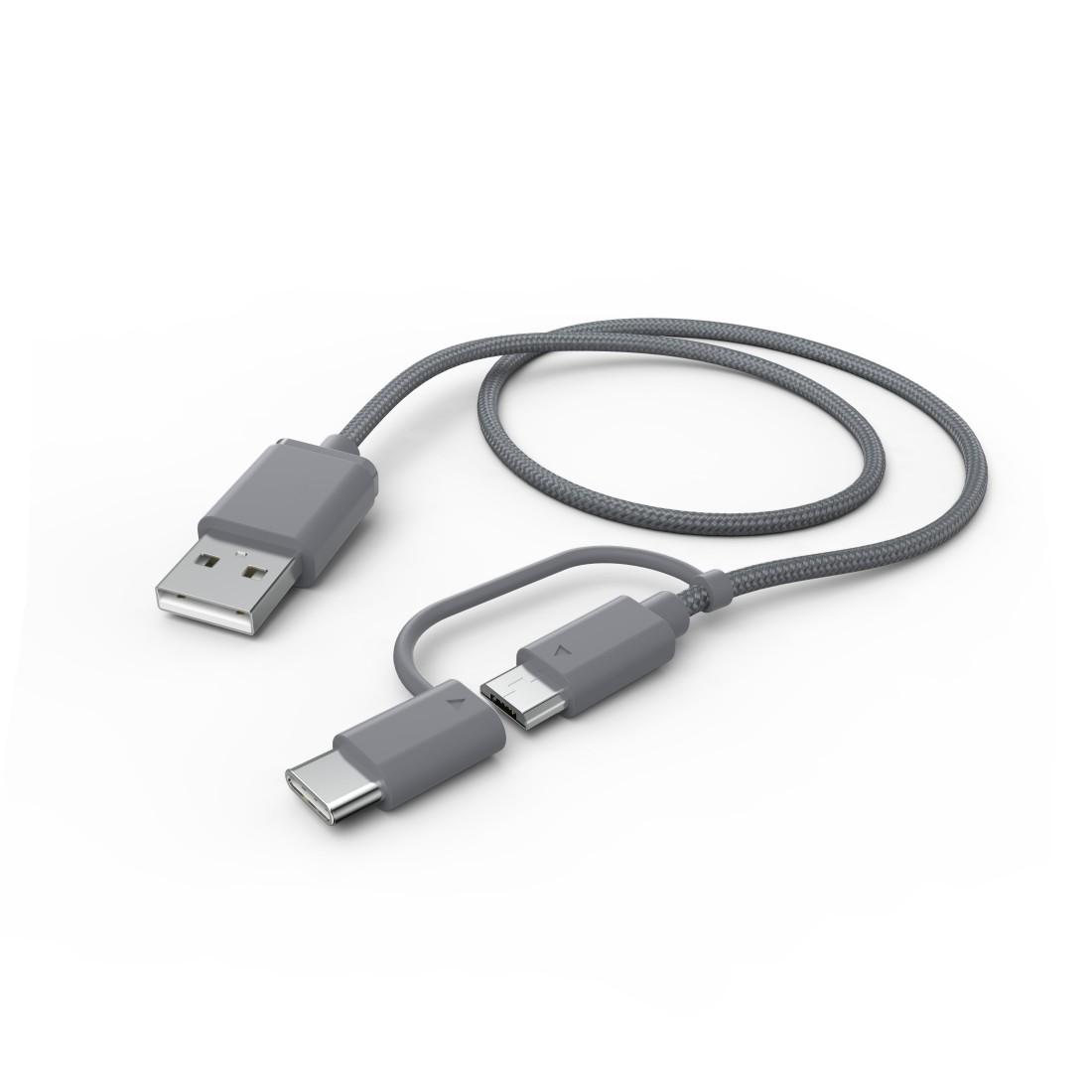 Кабел HAMA 2 в 1, USB-A мъжко - Micro USB мъжко, Адаптер USB-C, 1.0 м., Сив-1
