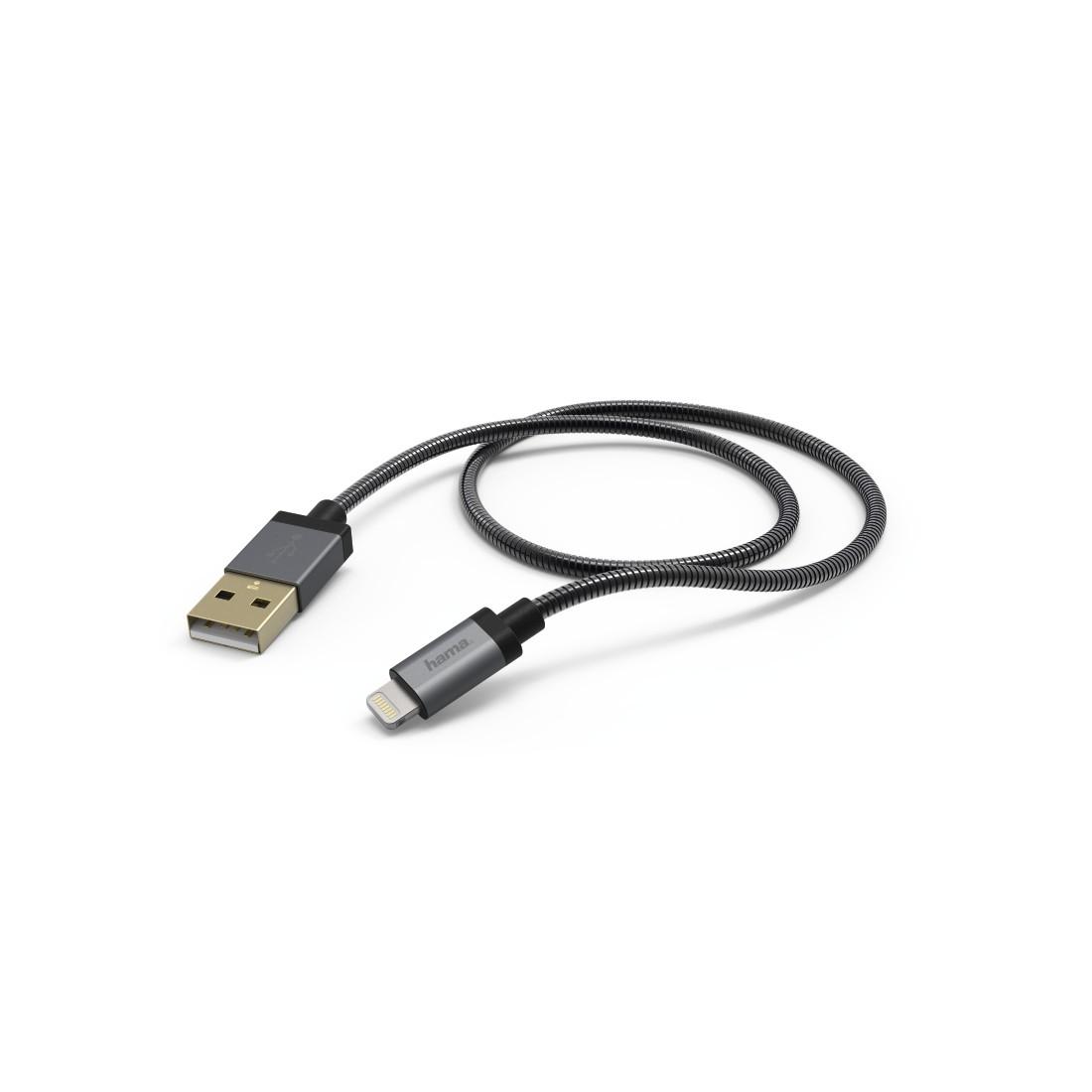 Кабел HAMA Metal, USB-А 2.0 мъжко - Lightning мъжко, 1.5 м., Черен