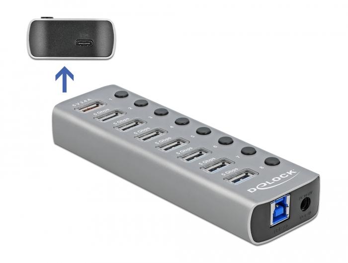 Delock USB хъб, 7 порта + 1 порт за бързо зареждане + 1 USB-C&trade; PD 3.0 порт, Подсветка, Сив-2
