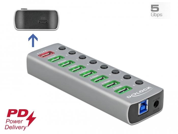 Delock USB хъб, 7 порта + 1 порт за бързо зареждане + 1 USB-C&trade; PD 3.0 порт, Подсветка, Сив-3