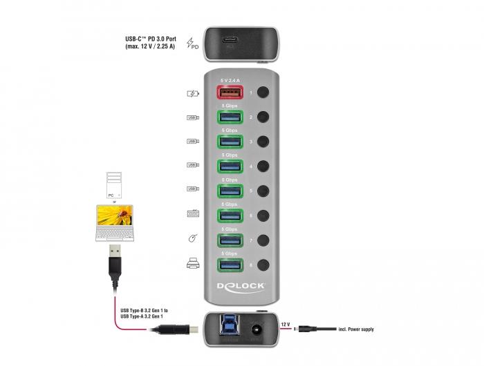 Delock USB хъб, 7 порта + 1 порт за бързо зареждане + 1 USB-C&trade; PD 3.0 порт, Подсветка, Сив-4