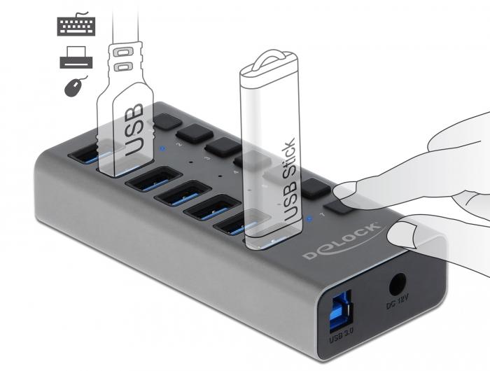 USB хъб Delock 7 x USB-A, 1 x USB-B, 5 Gbps, Превключвател, LED индикатор, Сив-2