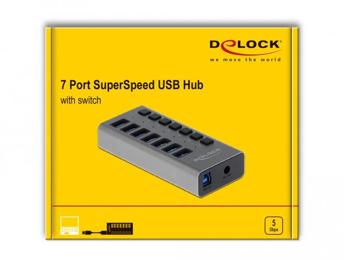 USB хъб Delock 7 x USB-A, 1 x USB-B, 5 Gbps, Превключвател, LED индикатор, Сив-4