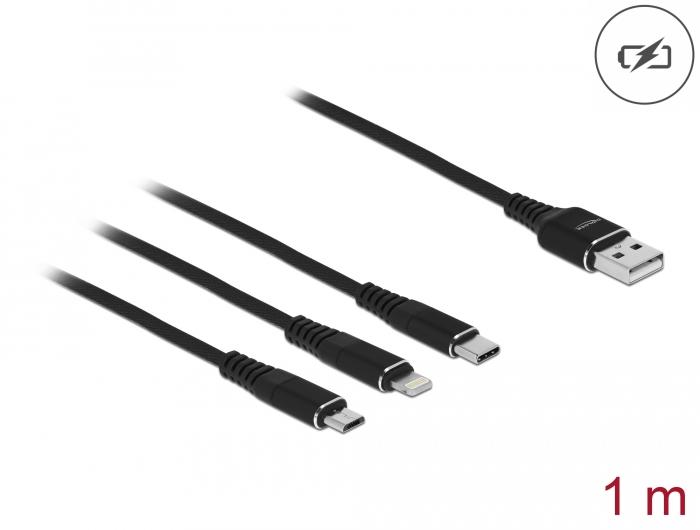 Кабел за зареждане Delock  3 в 1, USB - Lightning Micro USB- USB-C, 1м, Черен-2