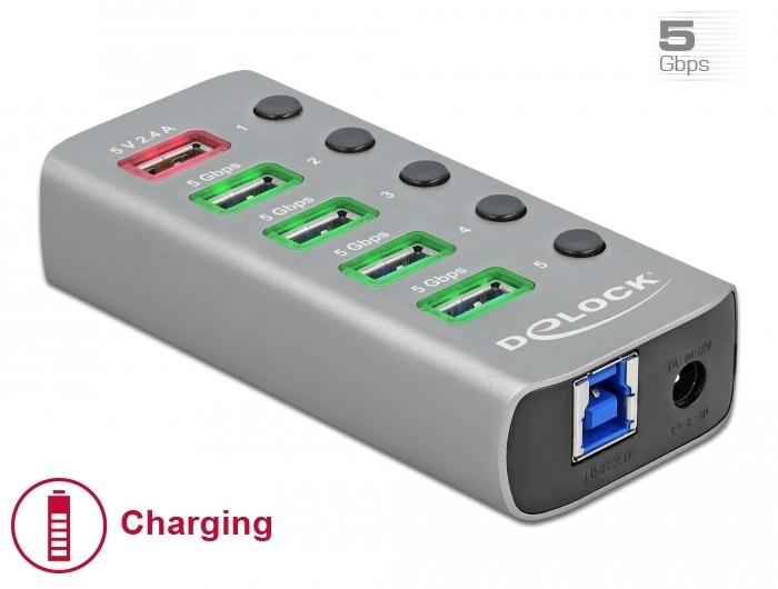 USB хъб Delock 3.2 Gen 1, 4 x USB-A, 1 Fast Charging Port, 1 x USB-B, Подсветка, Сив-3