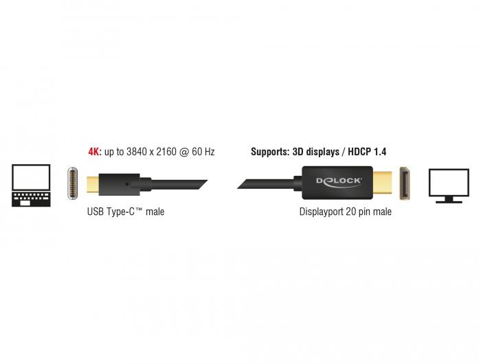 Конвертор Delock, USB-C мъжко - DisplayPort мъжко, 4K 60 Hz, 2 m, Черен-2