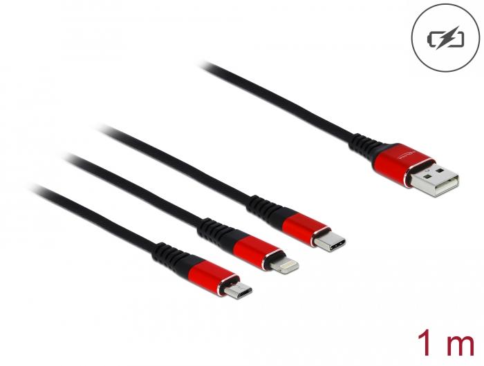 Кабел за зареждане Delock  3 в 1, USB - Lightning/ Micro USB/ USB-C, 1м, Черен/Червен-2