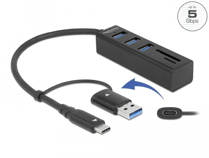 USB хъб Delock, 3.2 Gen 1, 3 x USB-A, SD и MicroSD четец на карти, USB-C, USB-A конектор, Черен
