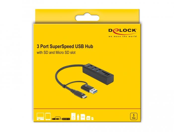USB хъб Delock, 3.2 Gen 1, 3 x USB-A, SD и MicroSD четец на карти, USB-C, USB-A конектор, Черен-2