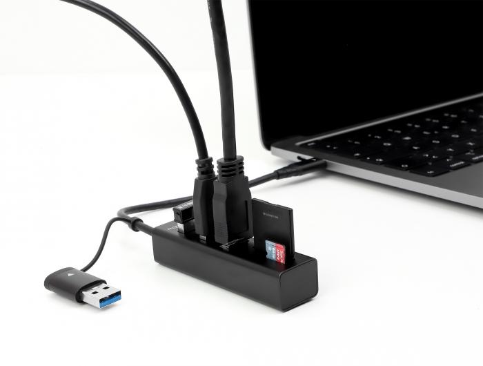 USB хъб Delock, 3.2 Gen 1, 3 x USB-A, SD и MicroSD четец на карти, USB-C, USB-A конектор, Черен-3