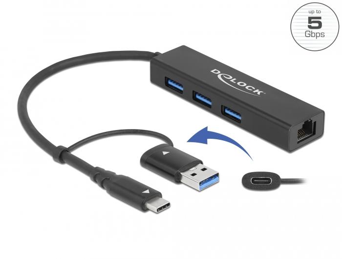 USB хъб Delock, 3.2 Gen 1, 3 x USB-A, Gigabit LAN, USB-C, USB-A конектор, Черен