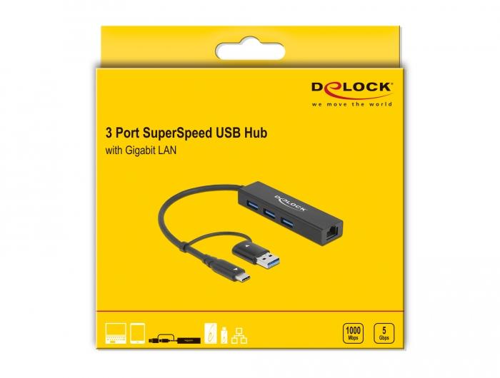 USB хъб Delock, 3.2 Gen 1, 3 x USB-A, Gigabit LAN, USB-C, USB-A конектор, Черен-2