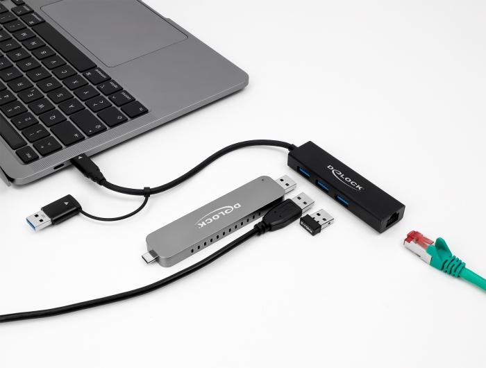 USB хъб Delock, 3.2 Gen 1, 3 x USB-A, Gigabit LAN, USB-C, USB-A конектор, Черен-3