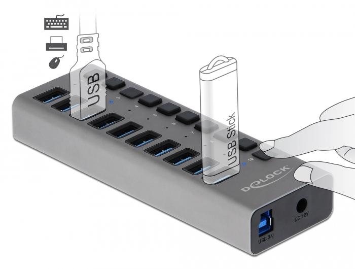USB хъб Delock 10 x USB-A, 1 x USB-B, 5 Gbps, Превключвател, LED индикатор, Сив-3