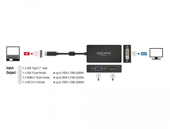 Адаптер 3 в 1 Delock 63925 USB-C мъжко - VGA DVI HDMI женско, Черен-3