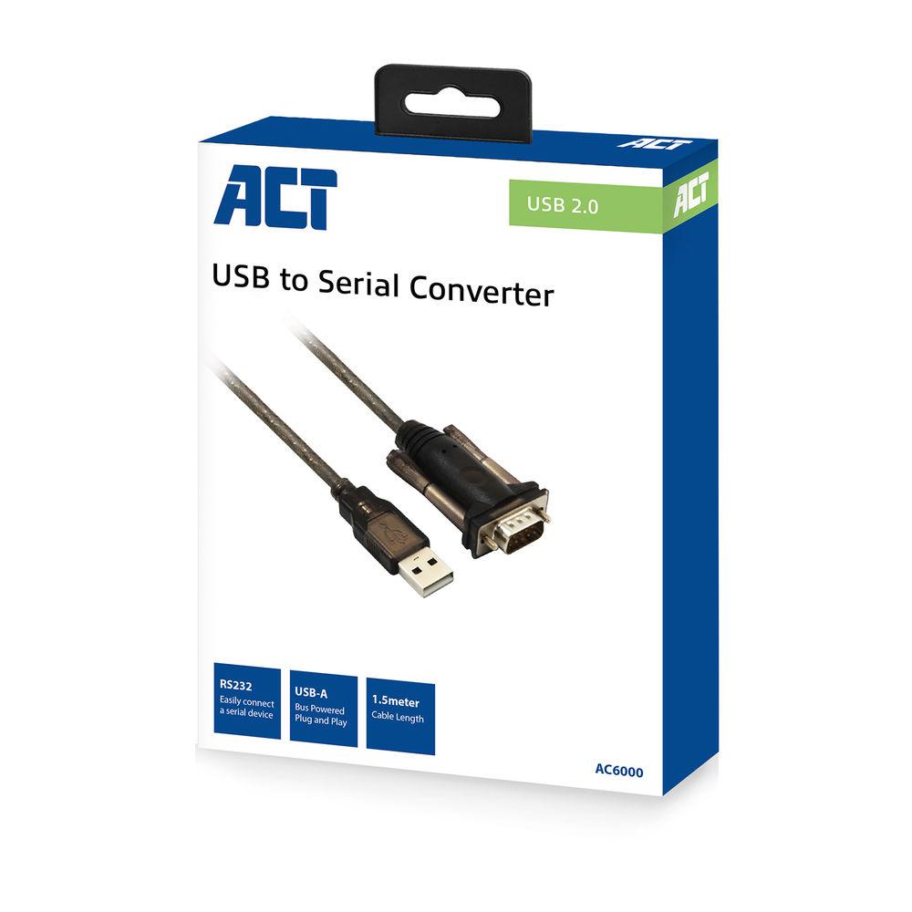Кабел конвертор ACT Ewent AC6000, USB-A мъжко - Сериен порт D-sub 9-pin мъжко, 1.5 м, Черен-2