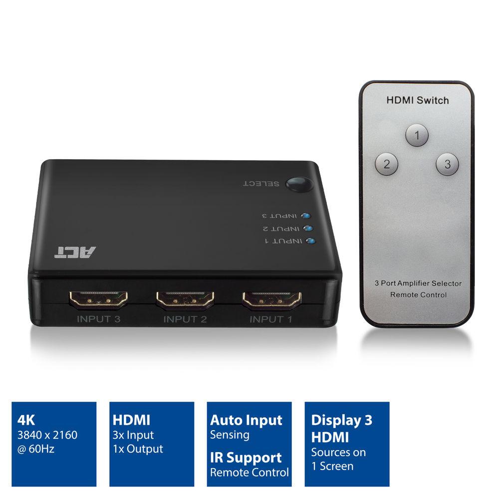 3 портов HDMI суич ACT AC7845, 4K@60Hz, USB, Дистанционно, Черен-2