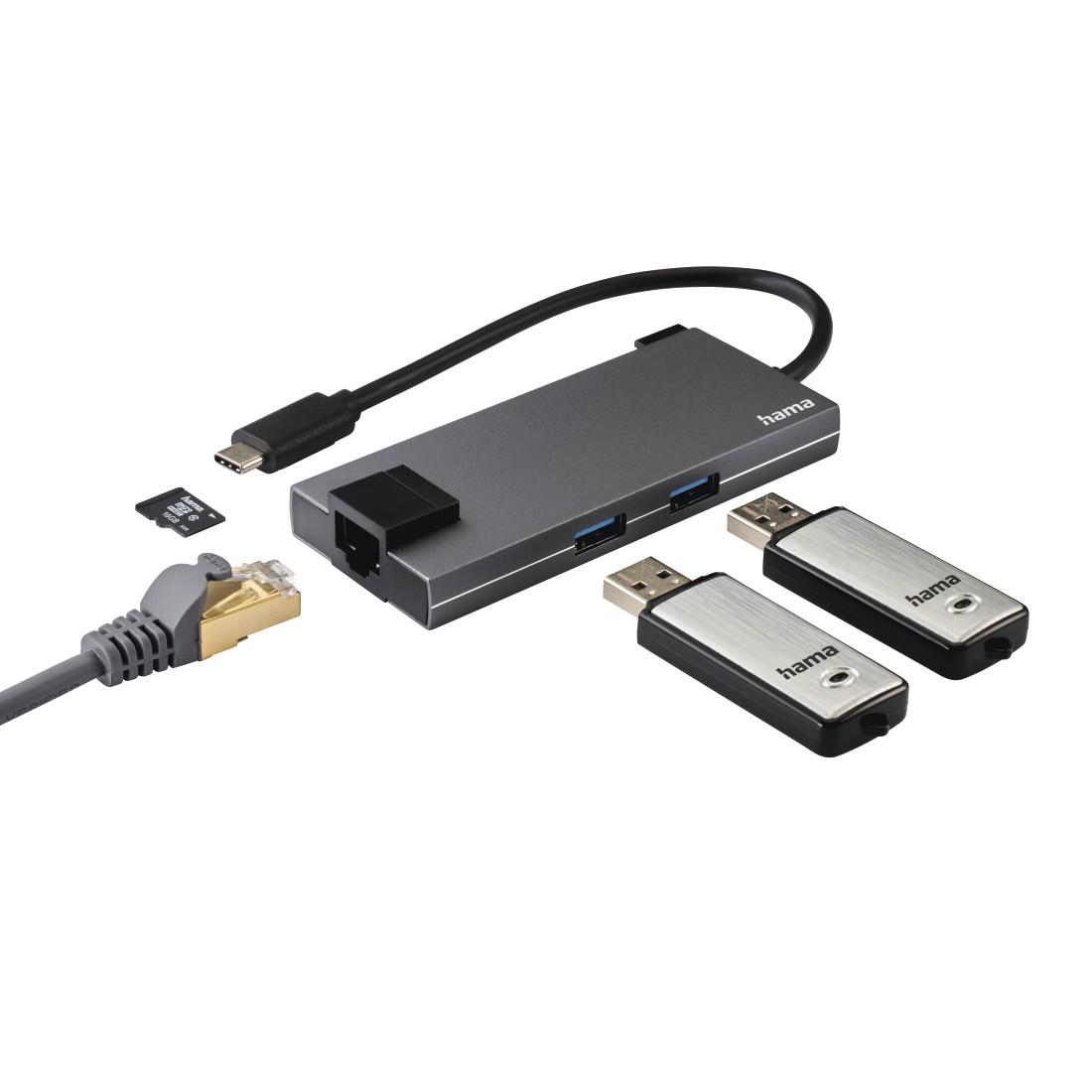 5-портов хъб USB-C HAMA Multiport, 2 x USB-A, 1 x USB-C, 1 x HDMI, 1х LAN, Сив-2