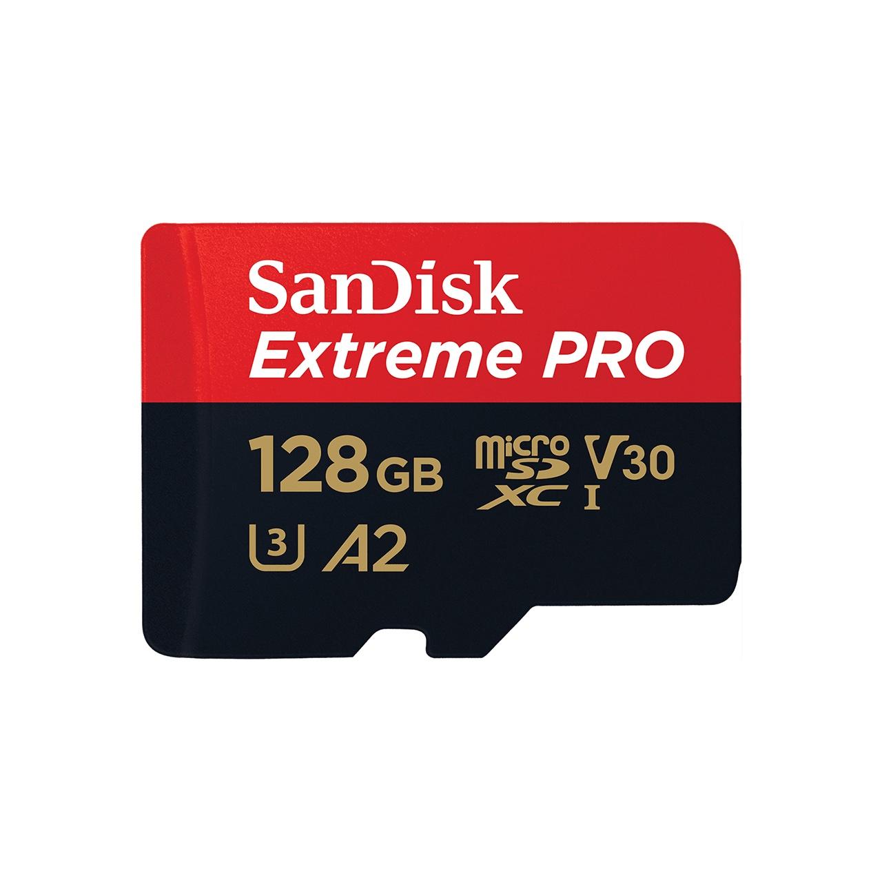 Карта памет SANDISK Extreme PRO microSDXC, 128GB, Class 10 U3, A2, V30, 90 MB/s с адаптер до SD