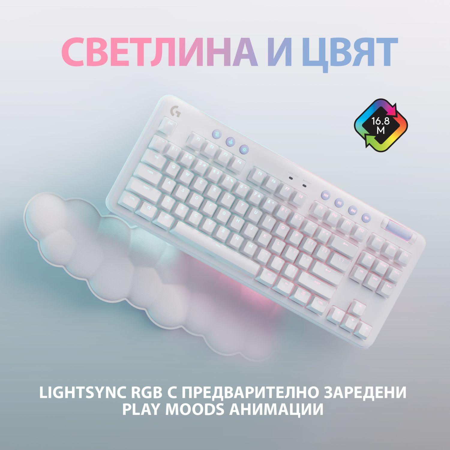 Безжична геймърска механична клавиатура Logitech G G715, TKL, Linear, RGB LED, US Layout, бяла-4