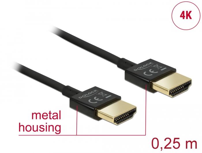 Кабел Delock HDMI-A мъжко - HDMI-A мъжко, Ethernet, 3D, 4K, 0.25 м, Черен-2