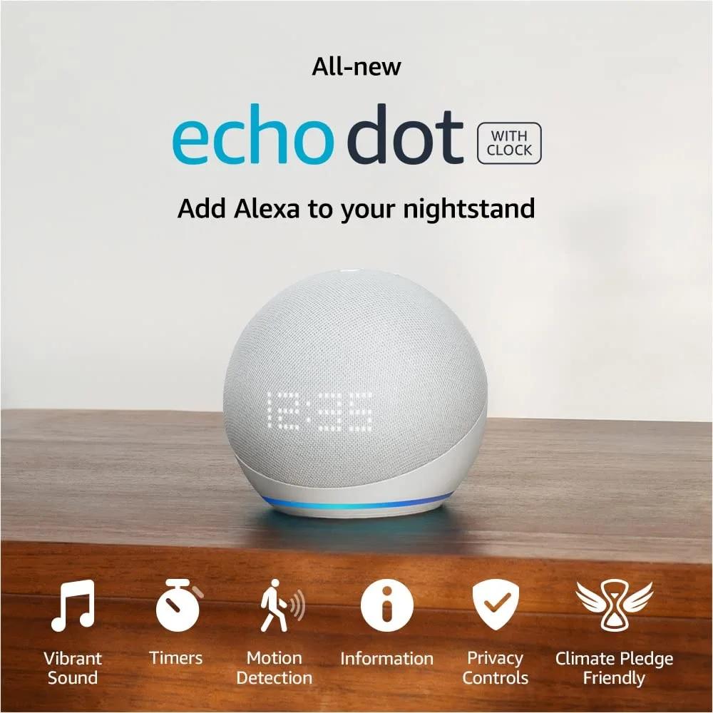 Преносима смарт тонколона Amazon Echo Dot 5, Гласов асистент, Alexa, Часовник, Бял-3