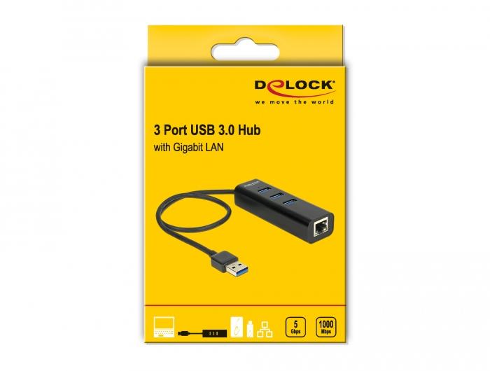 USB хъб Delock, 3 x USB 3.0 + 1 порт Gigabit LAN, Черен-2