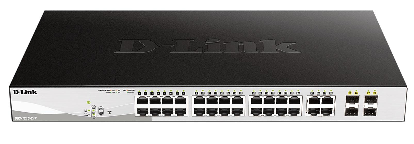 Суич D-Link DGS-1210-24P/E, 24 PoE 10/100/1000 Base-T port with 4 x 1000Base-T /SFP ports, Управляем, Монтаж в шкаф
