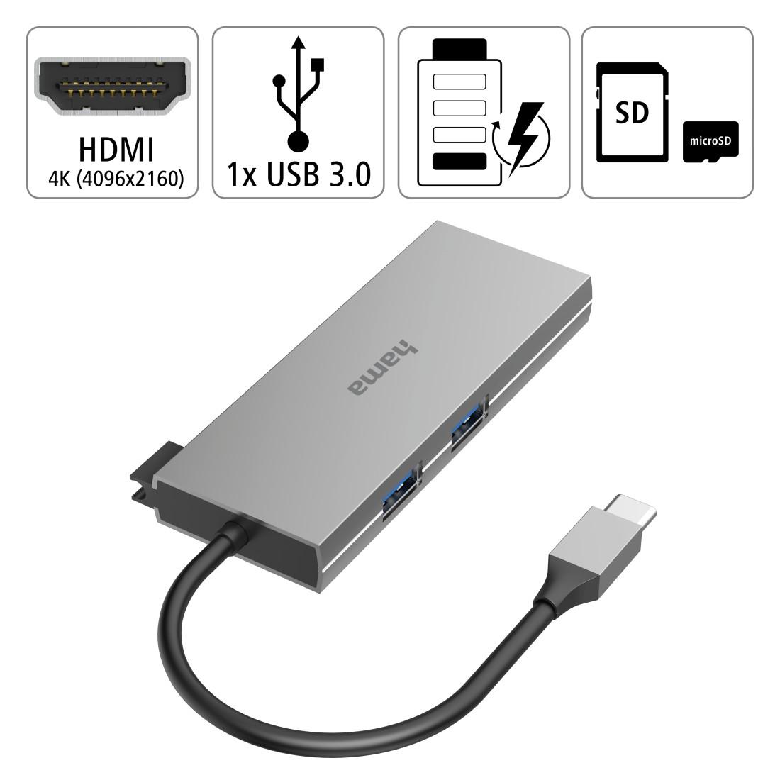 6-портов хъб USB-C HAMA Multiport, 2 x USB-A, USB-C, HDMI, SD, microSD, Сив-4