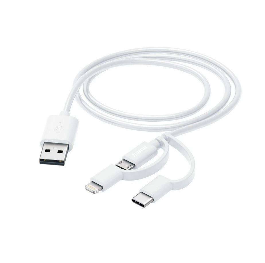 Кабел HAMA 3 в 1, USB-A - Micro-USB, USB-C и Lightning, 1.0 м., Бял-2