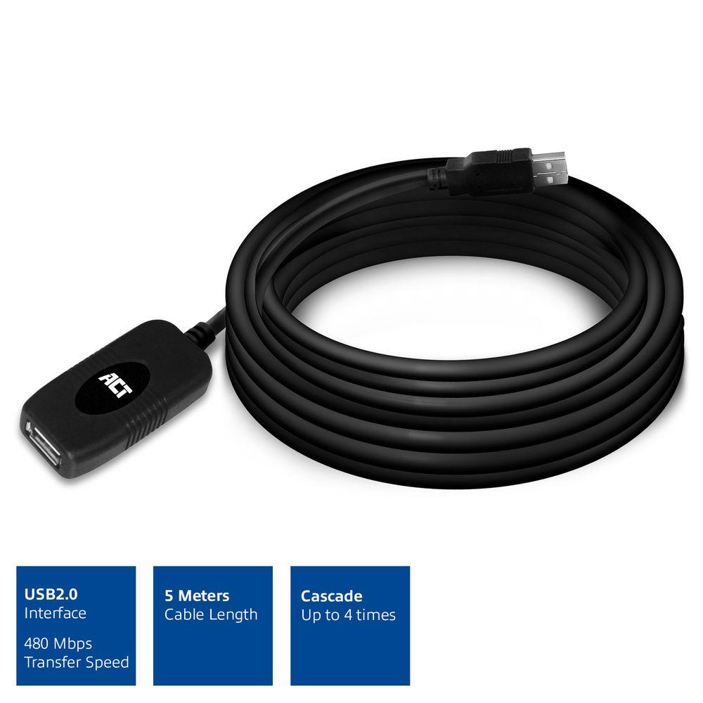 Кабел ACT AC6005, USB-A мъжко - женско, 5.0 м, 480 Mbps, Черен-2