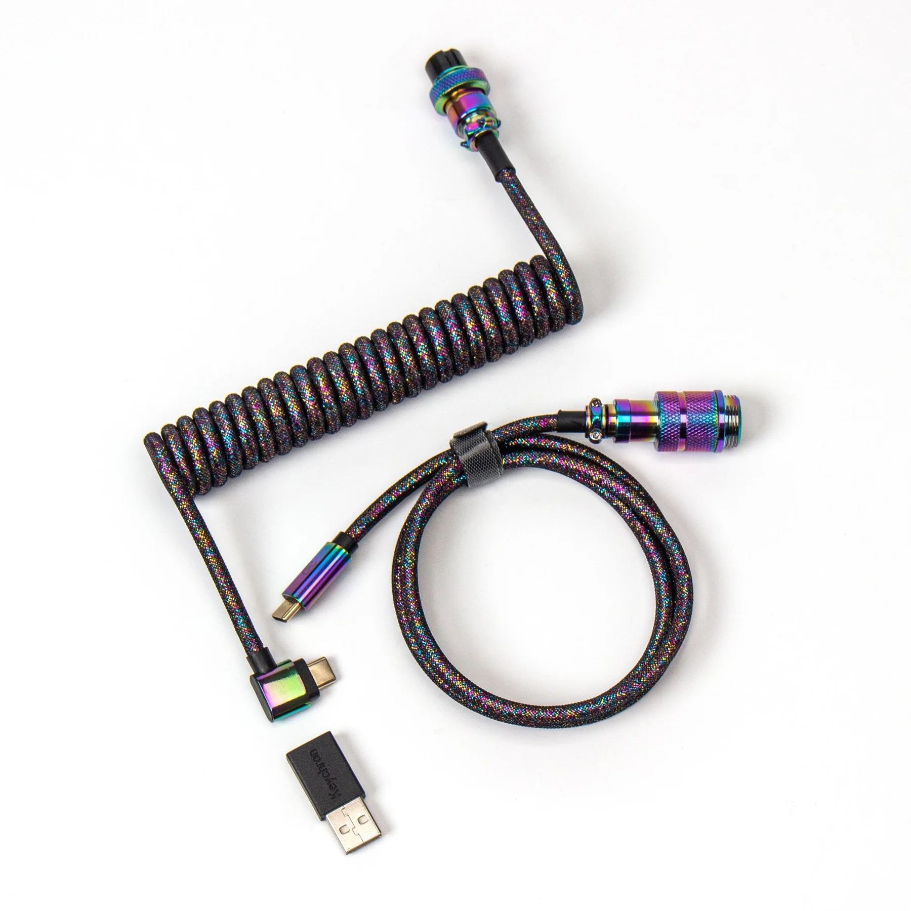 Кабел за клавиатура Keychron Colorful Premium Coiled Angled, USB-C - USB-C, Rainbow Plated Black