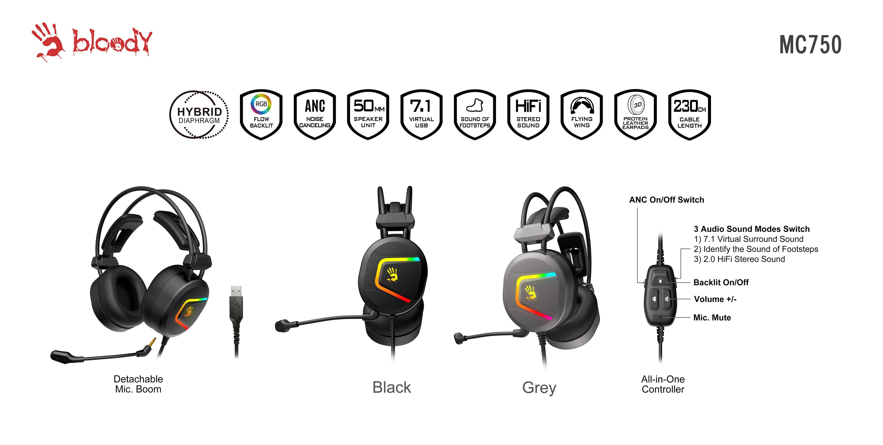 Геймърски слушалки A4TECH Bloody MC750, ANC,RGB, Микрофон, Черни-2