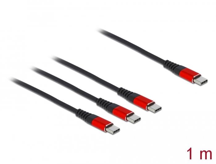 Кабел за зареждане Delock  3 в 1, USB-C - 3 x USB-C, 1м, Черен/Червен-2