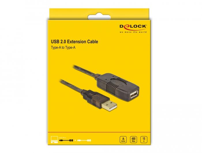 Удължителен кабел DeLock, USB-A женско - USB-A мъжко, USB 2.0, 15 м, Черен-4
