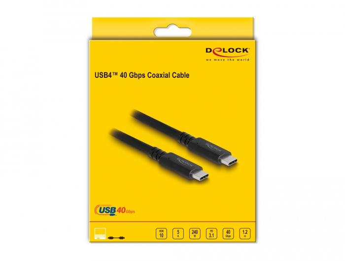 Коаксиален кабел Delock USB4 40 Gbps, USB PD 3.1, 1.2 m, Power Range 240 W-3