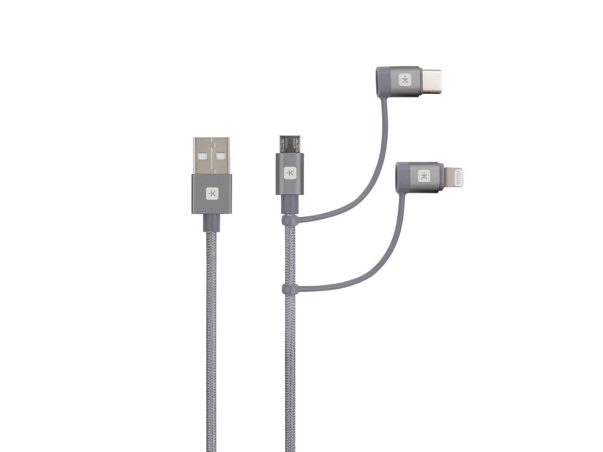 Кабел Skross 3 в 1, USB-A - USB-C/ Lightning/ Micro USB , Метална оплетка, 1.2 м