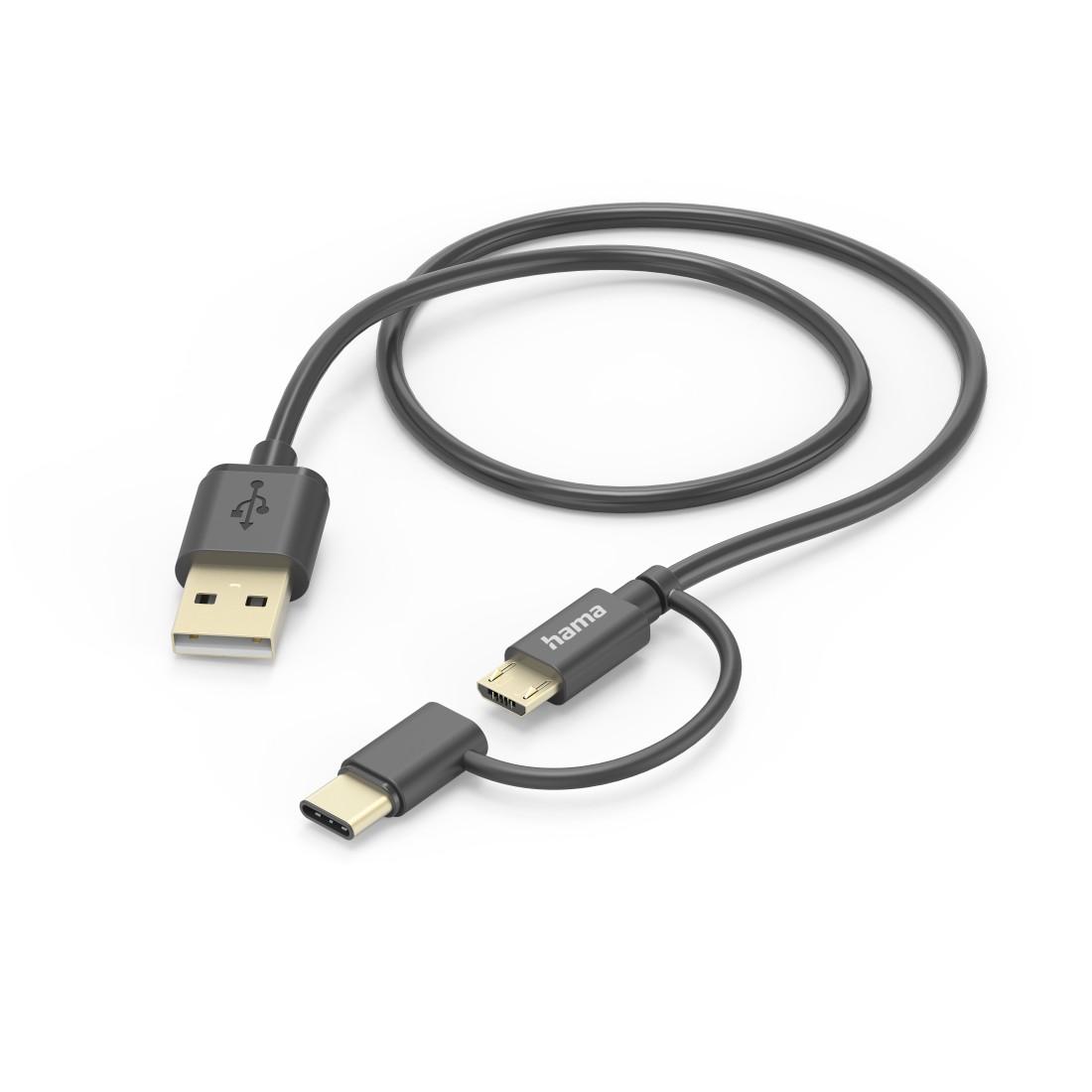 Кабел 2 в 1 HAMA, USB-A - Micro USB, с адаптер за USB-C, 1 м, Сив