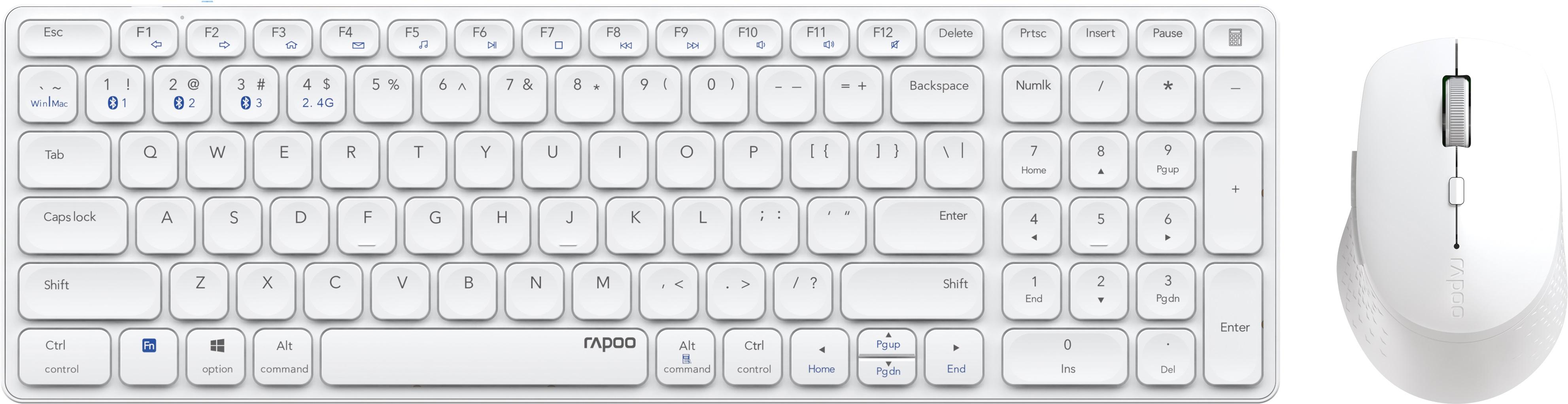 Комплект клавиатура и мишка RAPOO 9700M, Multi mode, Bluetooth, 2.4Ghz, Безжичен, Бял-2