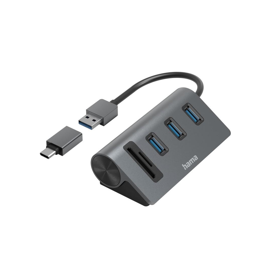HAMA USB хъб/четец на карти, 5 порта, 3x USB-A, SD, microSD, вкл. USB-C адаптер