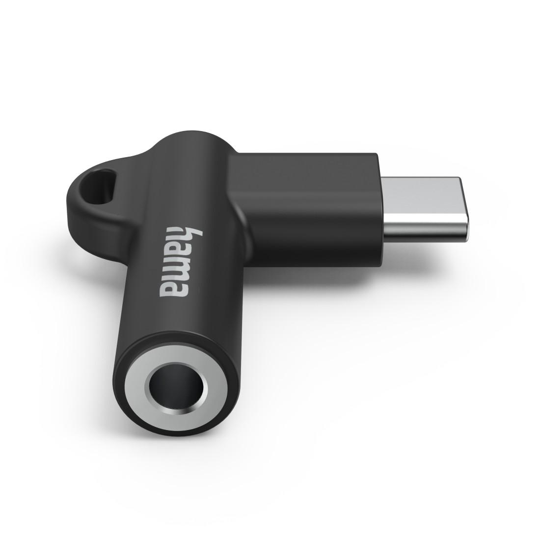 Адаптер Hama, USB-C &ndash; 3,5 mm жак, Aux, 90&deg;, черен