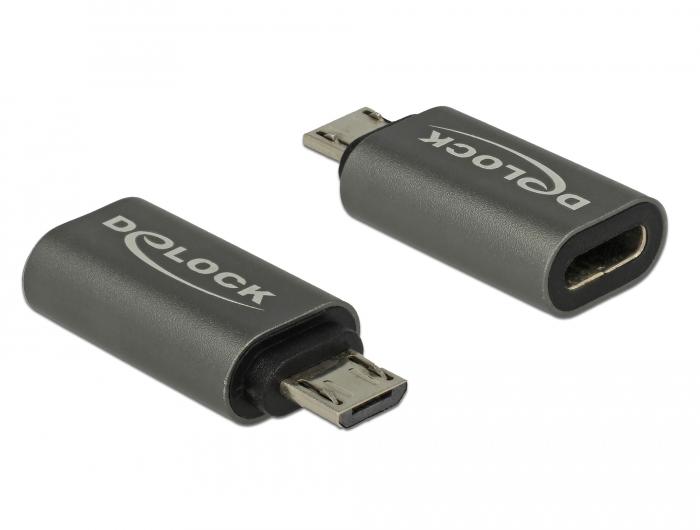 Адаптер Delock, USB 2.0, Micro-B мъжко - USB Type-C женско, Черен