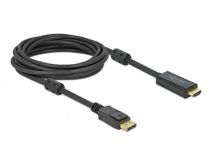 Кабел Delock DisplayPort мъжко - HDMI мъжко, 5 м., 4K 60Hz, Черен