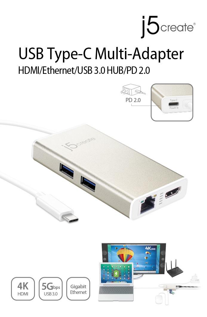 Мултипортов USB-C адаптер j5Create JCA374, HDMI/Ethernet/ USB 3.0 хъб /PD 2.0, Бял-3